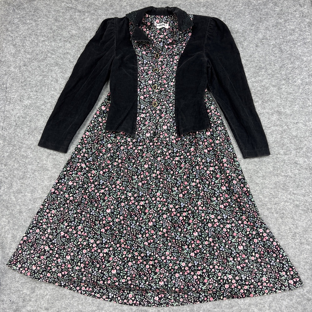 Vtg Go Vicki Dress Set 3 4 Black Ditsy Floral Midi Corduroy Jacket Prairie Flaws